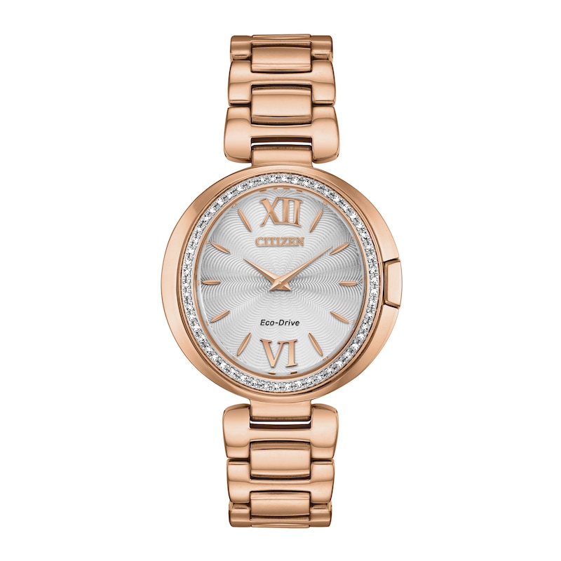 Main Image 1 of Ladies' Citizen Eco-Drive® Capella Diamond Accent Rose-Tone IP Watch with Oval Silver-Tone Dial (Model: EX1503-54A)