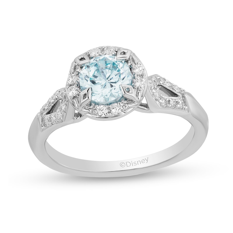 Main Image 1 of Enchanted Disney Elsa 6.0mm Aquamarine and 1/5 CT. T.W. Diamond Frame Engagement Ring in 14K White Gold