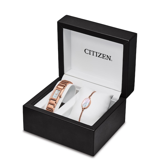 Ladies' Exclusive Citizen Eco-Drive® Axiom Diamond Accent Rose-Tone Watch and Bolo Bracelet Box Set (Model: EG7053-64D) Ladies' Exclusive Citizen Eco-Drive® Axiom Diamond Accent Rose-Tone Watch and Bolo Bracelet Box Set (Model: EG7053-64D)