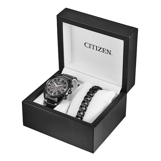 Men's Exclusive Citizen Eco-DriveÂ® Brycen Chronograph Black IP Watch and Bracelet Box Set (Ca4285-68E)