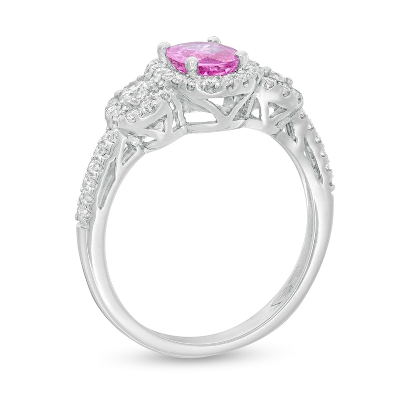 Oval Pink Sapphire and 3/8 CT. T.W. Diamond Frame Three Stone Ring in 14K White Gold