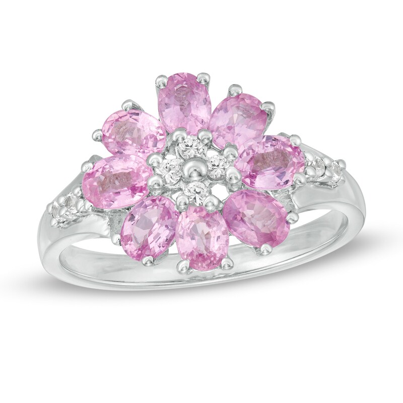 Oval Pink and Lab-Created White Sapphire Flower Ring in Sterling Silver