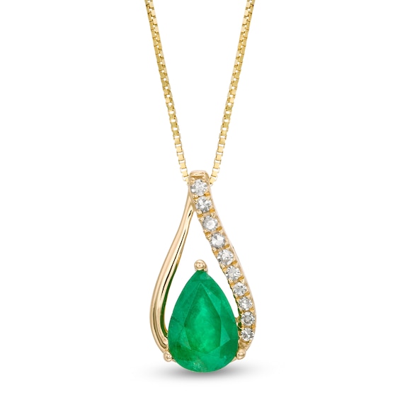 Pear-Shaped Emerald and 1/20 CT. T.W. Diamond Teardrop Pendant in 10K ...