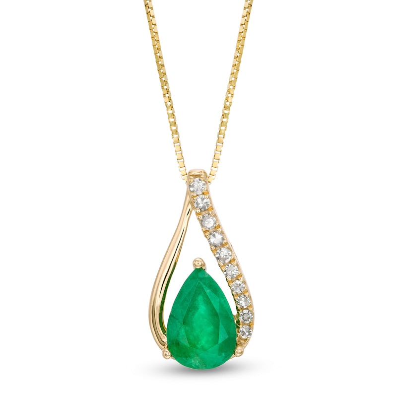 Pear-Shaped Emerald and 1/20 CT. T.W. Diamond Teardrop Pendant in 10K Gold