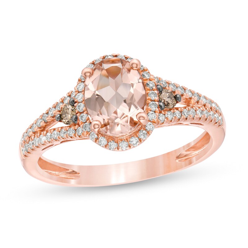 Oval Morganite and 1/4 CT. T.W. Champagne and White Diamond Frame Split Shank Ring in 14K Rose Gold