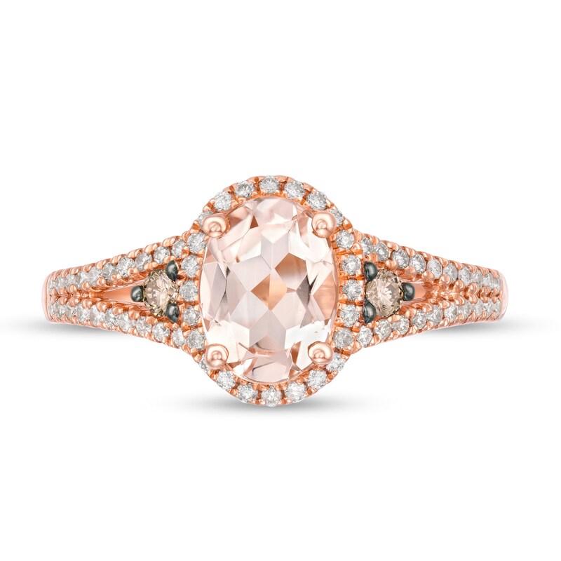 Oval Morganite and 1/4 CT. T.W. Champagne and White Diamond Frame Split Shank Ring in 14K Rose Gold