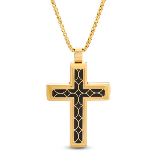 Men's Geometric Pattern Inlay Stepped Edge Cross Pendant in Stainless Steel with Yellow IP and Black Resin - 24" Men's Geometric Pattern Inlay Stepped Edge Cross Pendant in Stainless Steel with Yellow IP and Black Resin - 24"