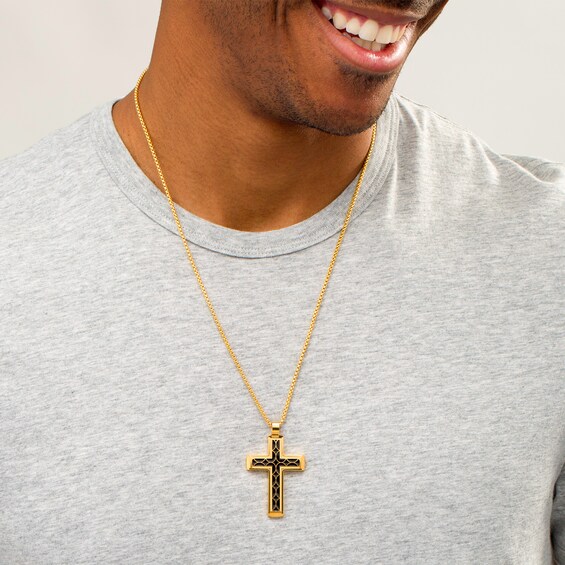 Men's Geometric Pattern Inlay Stepped Edge Cross Pendant in Stainless Steel with Yellow IP and Black Resin - 24" Men's Geometric Pattern Inlay Stepped Edge Cross Pendant in Stainless Steel with Yellow IP and Black Resin - 24"