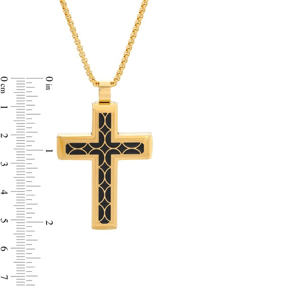 Men's Geometric Pattern Inlay Stepped Edge Cross Pendant in Stainless Steel with Yellow IP and Black Resin - 24" Men's Geometric Pattern Inlay Stepped Edge Cross Pendant in Stainless Steel with Yellow IP and Black Resin - 24"
