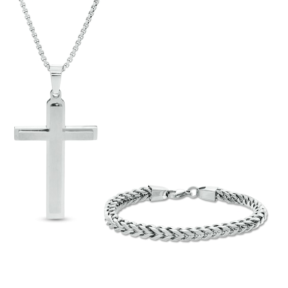 Multi-Finish Cross Pendant and 6.0mm Foxtail Chain Bracelet Set in Stainless Steel - 24"