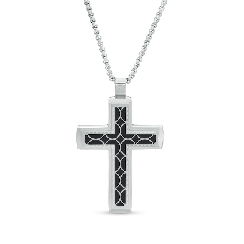 Main Image 1 of Men's Geometric Pattern Inlay Stepped Edge Cross Pendant in Stainless Steel and Black Resin - 24&quot;