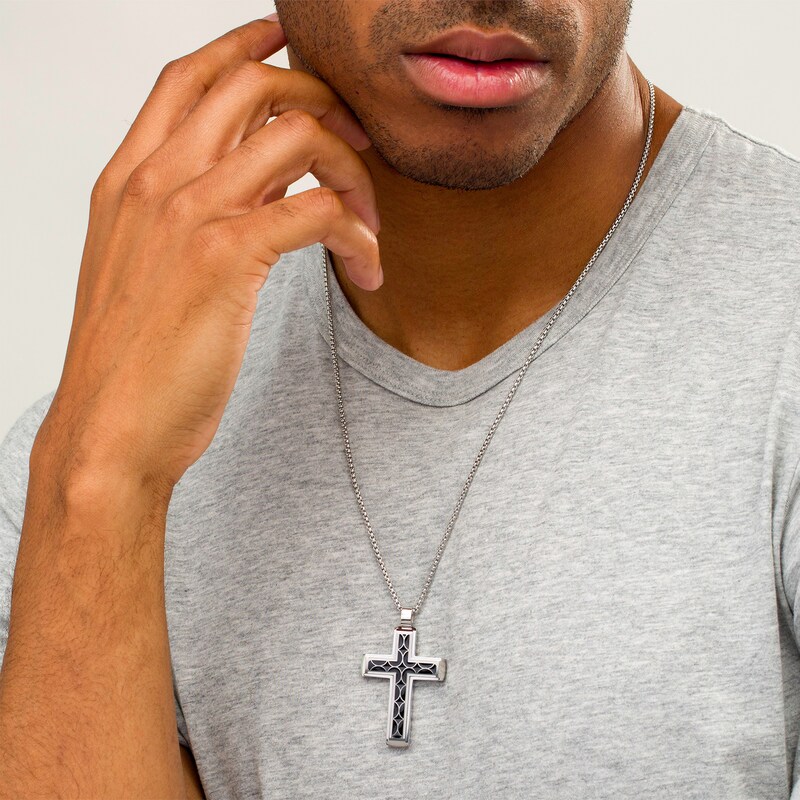 Main Image 2 of Men's Geometric Pattern Inlay Stepped Edge Cross Pendant in Stainless Steel and Black Resin - 24&quot;