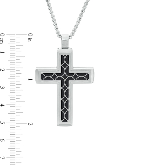Men's Geometric Pattern Inlay Stepped Edge Cross Pendant in Stainless Steel and Black Resin - 24"