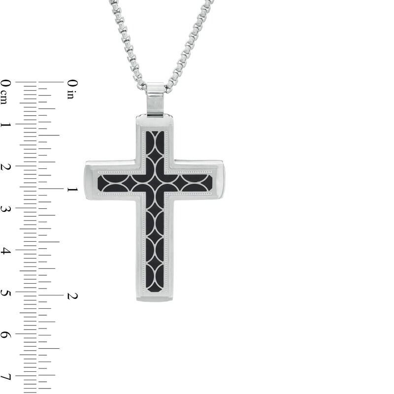 Main Image 3 of Men's Geometric Pattern Inlay Stepped Edge Cross Pendant in Stainless Steel and Black Resin - 24&quot;