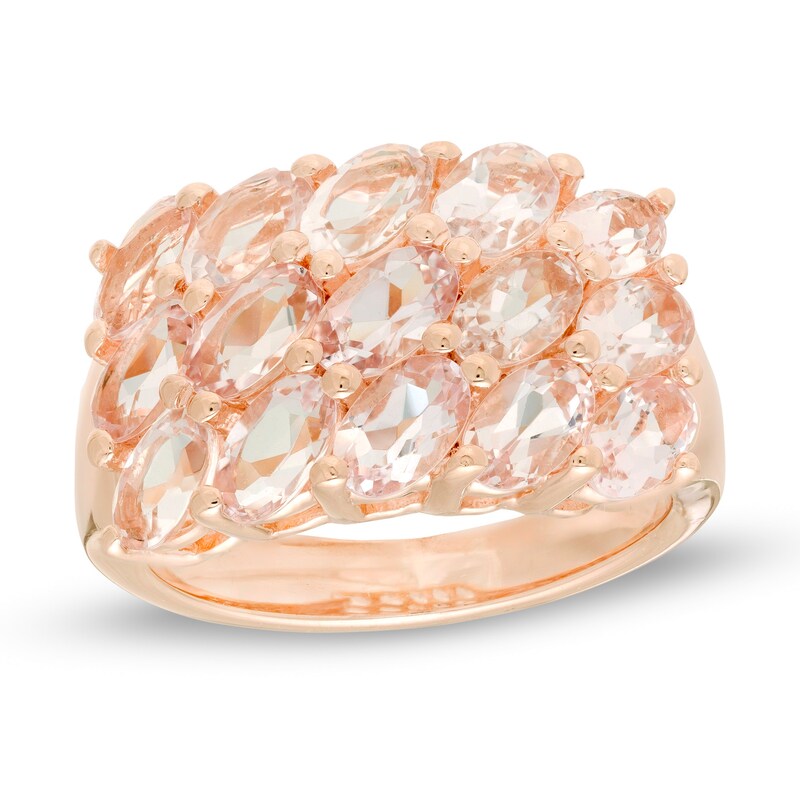 Main Image 1 of Slanted Oval Morganite Triple Row Ring in Sterling Silver with 14K Rose Gold Plate
