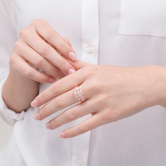 Slanted Oval Morganite Triple Row Ring in Sterling Silver with 14K Rose Gold Plate