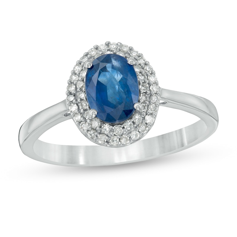 Oval Blue Sapphire and 1/6 CT. T.W. Diamond Double Frame Ring in 10K White Gold