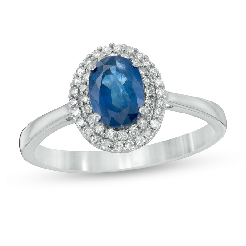 Main Image 1 of Oval Blue Sapphire and 1/6 CT. T.W. Diamond Double Frame Ring in 10K White Gold