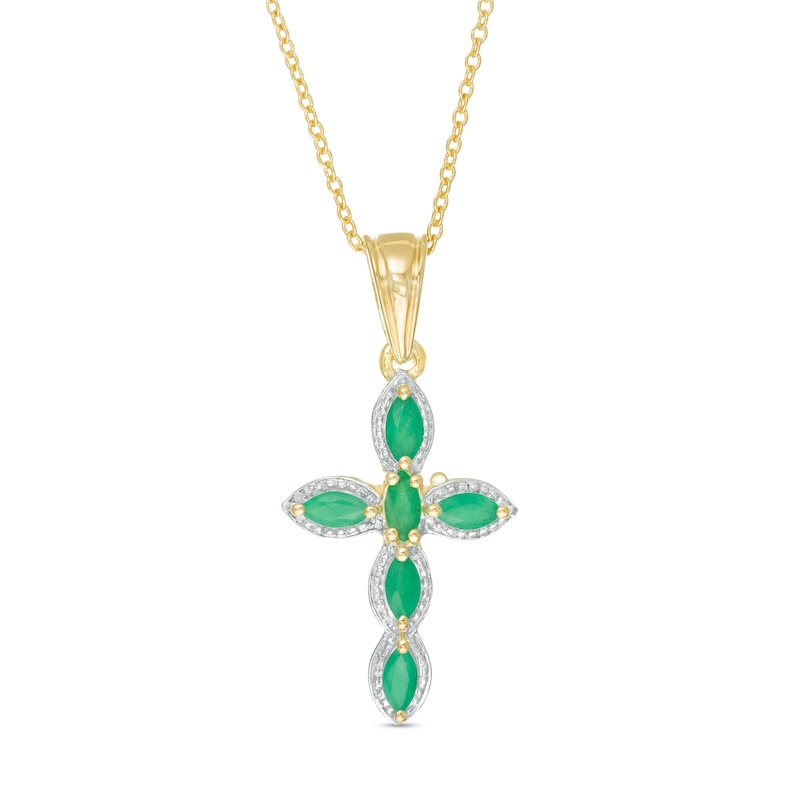 Main Image 1 of Marquise Emerald Bead Frame Cross Pendant in Sterling Silver with 14K Gold Plate