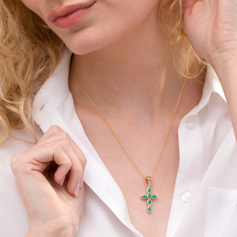 Main Image 2 of Marquise Emerald Bead Frame Cross Pendant in Sterling Silver with 14K Gold Plate