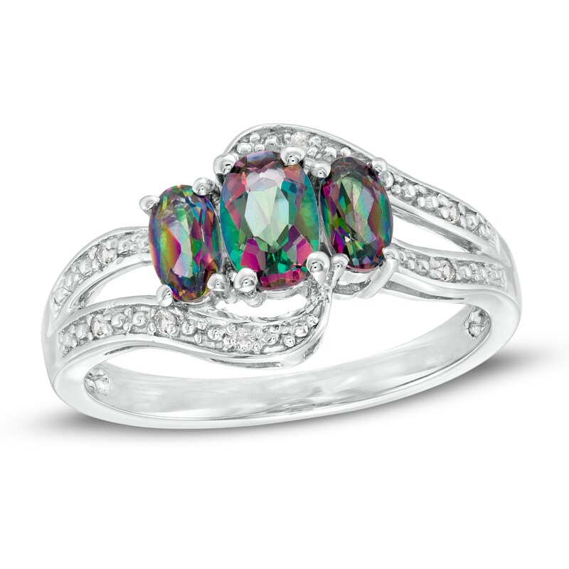 Oval Mystic Fire® and White Topaz Three Stone Bypass Ring in Sterling Silver