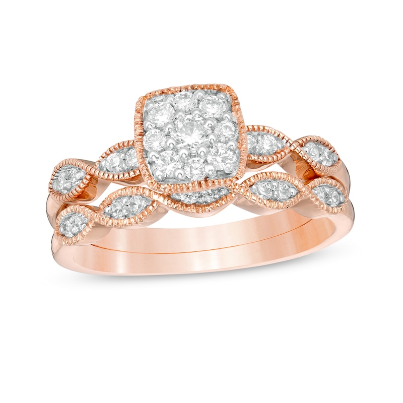 Main Image 1 of 3/8 CT. T.W. Diamond Cushion Frame Marquise Twist Vintage-Style Bridal Set in 10K Rose Gold
