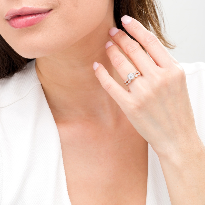Main Image 2 of 3/8 CT. T.W. Diamond Cushion Frame Marquise Twist Vintage-Style Bridal Set in 10K Rose Gold