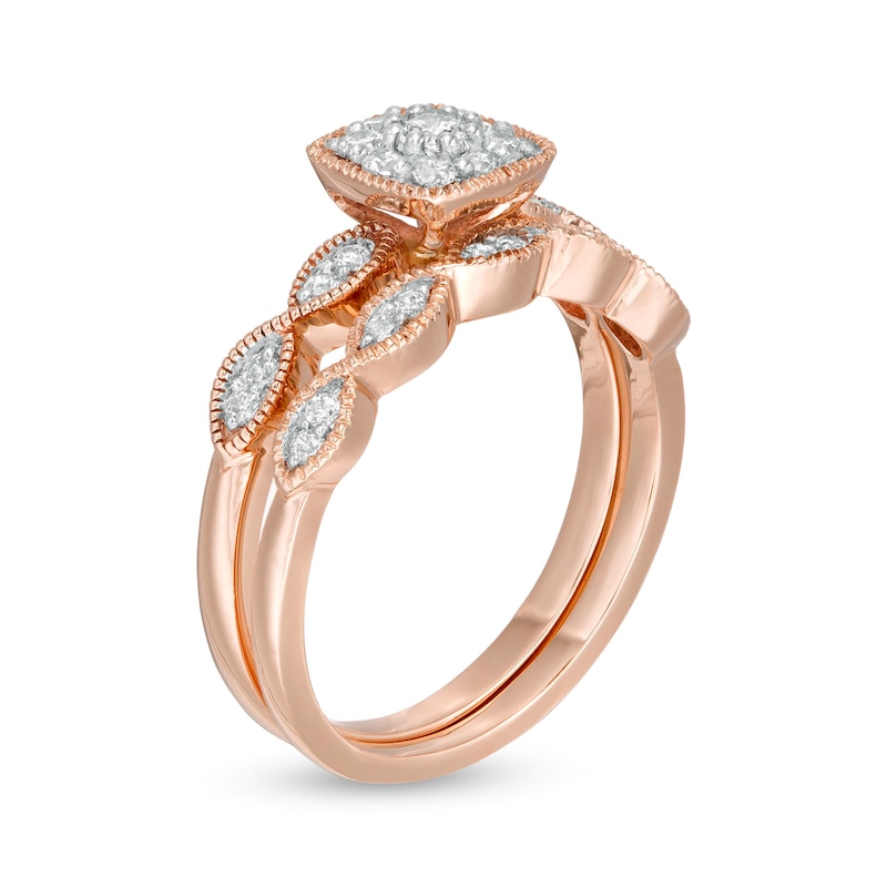 Main Image 3 of 3/8 CT. T.W. Diamond Cushion Frame Marquise Twist Vintage-Style Bridal Set in 10K Rose Gold