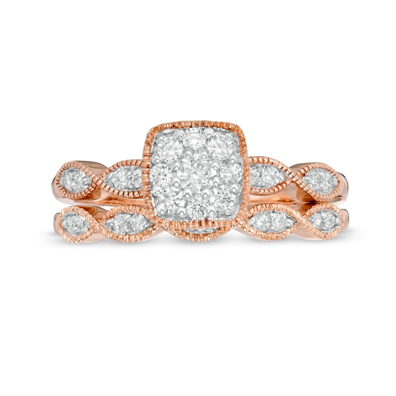Main Image 4 of 3/8 CT. T.W. Diamond Cushion Frame Marquise Twist Vintage-Style Bridal Set in 10K Rose Gold