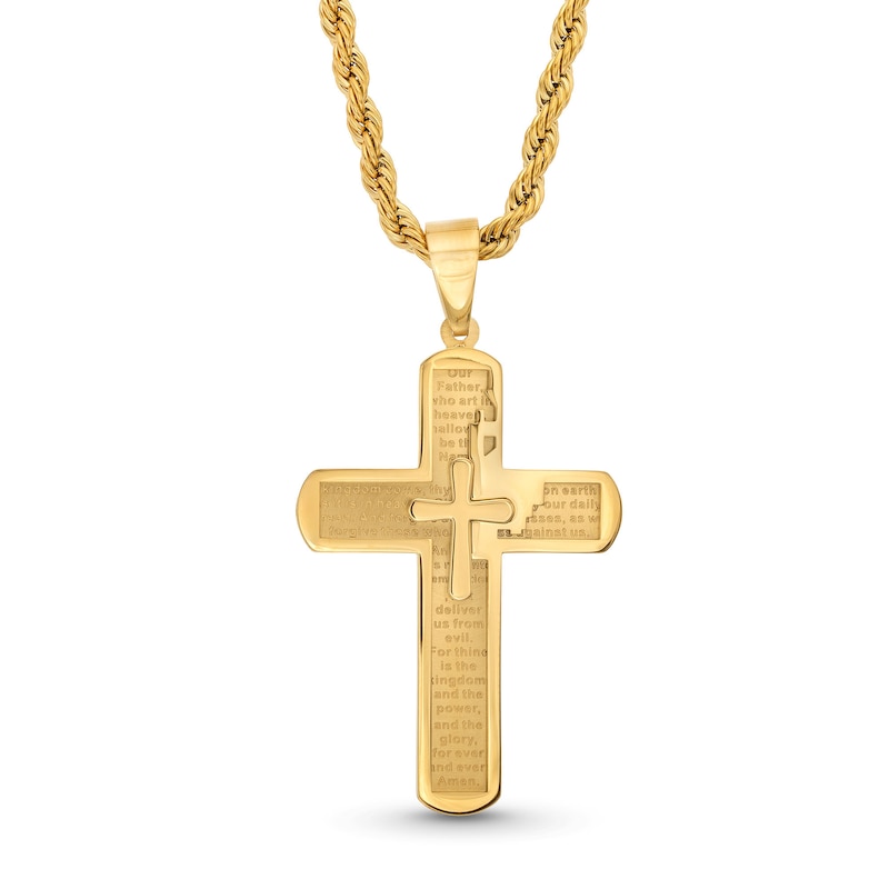 Men's Prayer Double Cross Pendant in Stainless Steel with Yellow IP - 24"