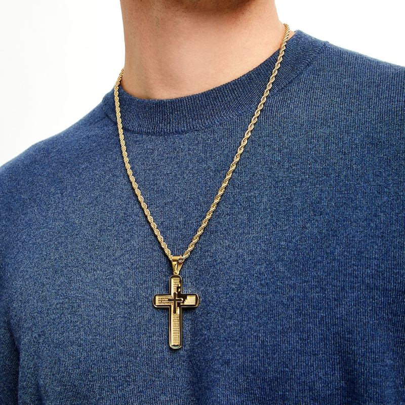 Men's Prayer Double Cross Pendant in Stainless Steel with Yellow IP - 24"