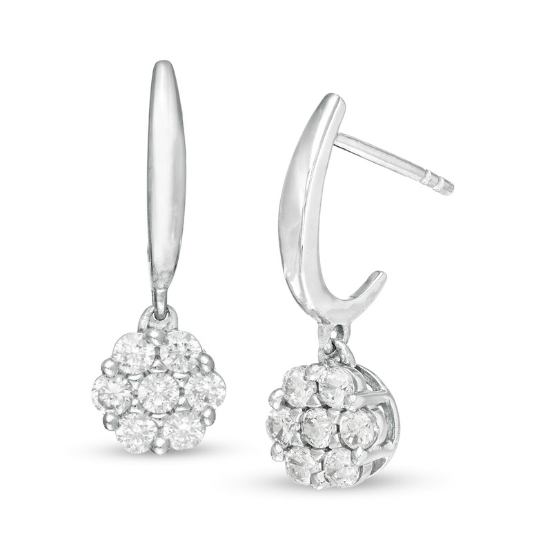 Main Image 1 of 1/2 CT. T.W. Composite Diamond Flower J-Hoop Earrings in 10K White Gold