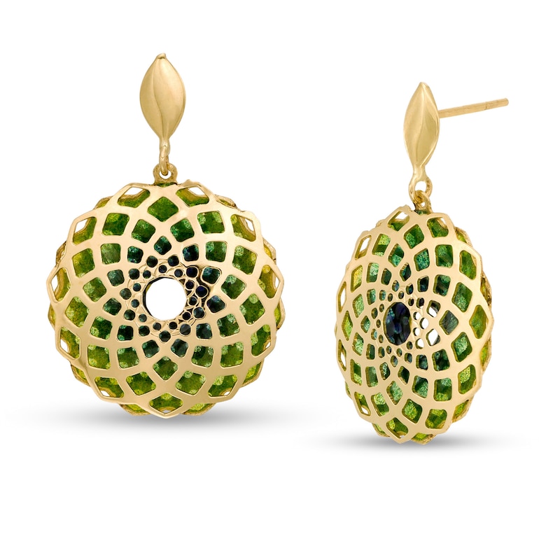 Main Image 1 of Made in Italy Green Enamel Lattice Hoop Earrings in 14K Gold