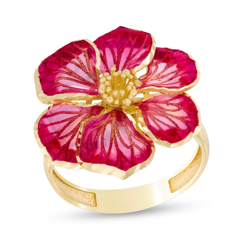 Main Image 1 of Made in Italy Pink Enamel Flower Ring in 14K Gold - Size 7