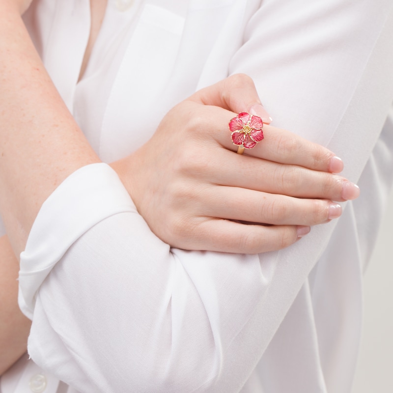 Main Image 2 of Made in Italy Pink Enamel Flower Ring in 14K Gold - Size 7