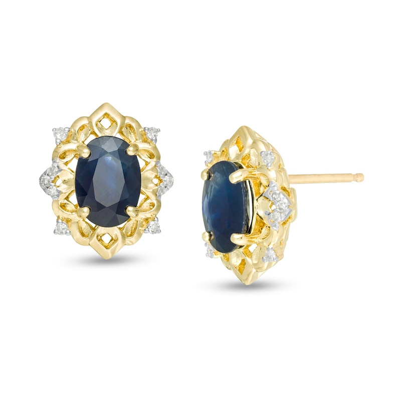 Main Image 1 of Oval Blue Sapphire and 1/15 CT. T.W. Diamond Ornate Stud Earrings in 10K Gold