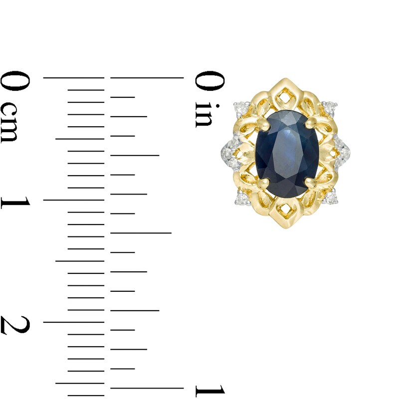 Main Image 3 of Oval Blue Sapphire and 1/15 CT. T.W. Diamond Ornate Stud Earrings in 10K Gold