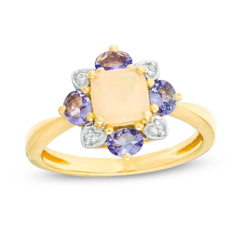 Main Image 1 of Cushion-Cut Opal, Oval Tanzanite and Diamond Accent Floral Frame Ring in 10K Gold