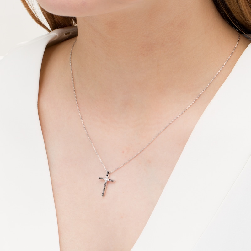 Main Image 2 of 1/5 CT. T.W. Enhanced Black and White Diamond Cross Pendant in Sterling Silver