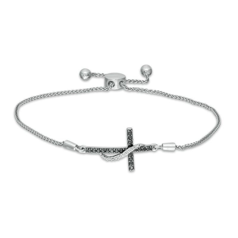 Main Image 1 of 1/6 CT. T.W. Enhanced Black and White Diamond Ribbon Cross Bolo Bracelet in Sterling Silver - 9.5"