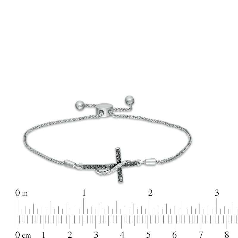 Main Image 3 of 1/6 CT. T.W. Enhanced Black and White Diamond Ribbon Cross Bolo Bracelet in Sterling Silver - 9.5"