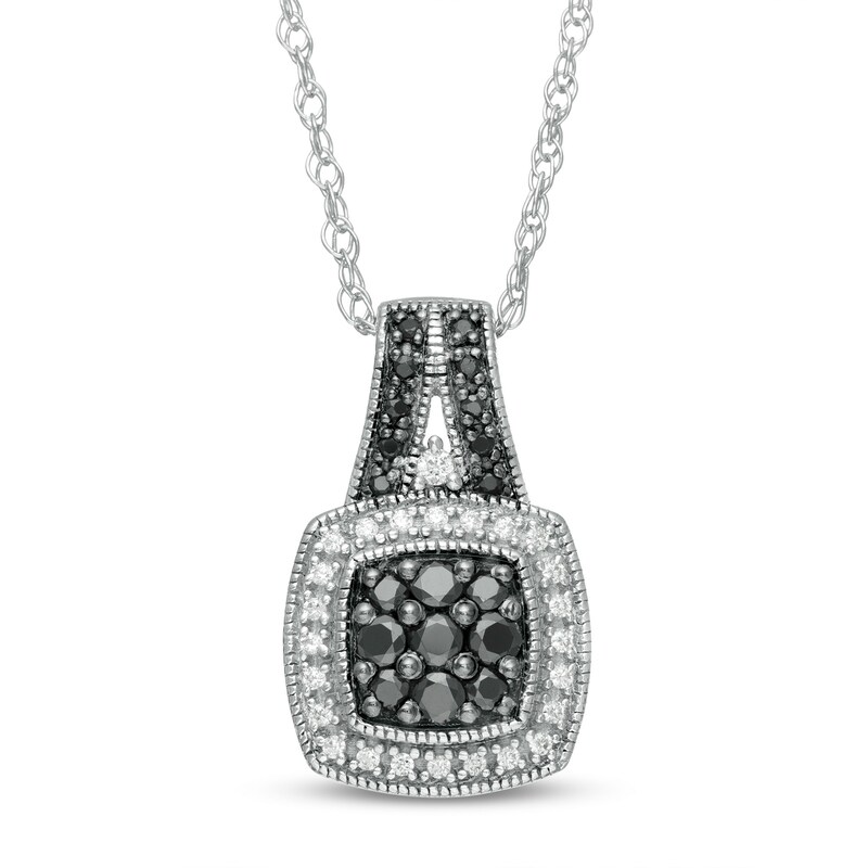 Main Image 1 of 1/3 CT. T.W. Enhanced Black and White Diamond Cushion Frame Vintage-Style Pendant in Sterling Silver