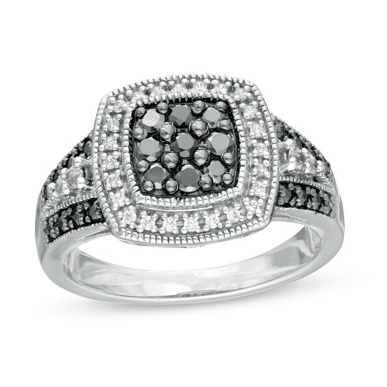 1/2 CT. T.w. Enhanced Black and White Diamond Cushion Frame Vintage-Style Ring in Sterling Silver