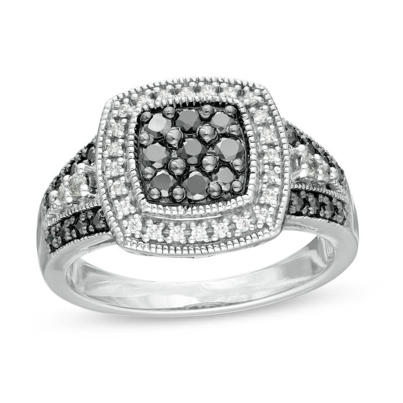 Main Image 1 of 1/2 CT. T.W. Enhanced Black and White Diamond Cushion Frame Vintage-Style Ring in Sterling Silver