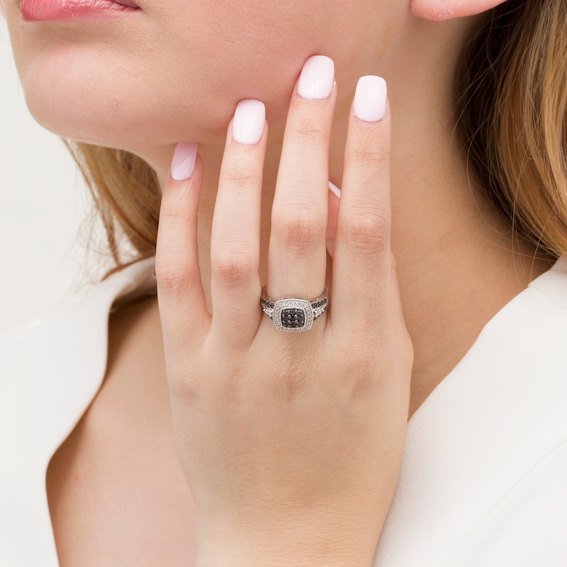 1/2 CT. T.W. Enhanced Black and White Diamond Cushion Frame Vintage-Style Ring in Sterling Silver