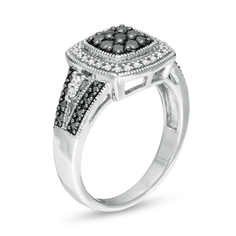1/2 CT. T.W. Enhanced Black and White Diamond Cushion Frame Vintage-Style Ring in Sterling Silver