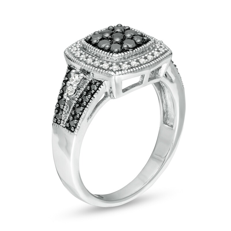 Main Image 3 of 1/2 CT. T.W. Enhanced Black and White Diamond Cushion Frame Vintage-Style Ring in Sterling Silver