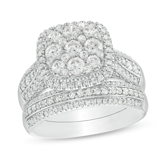 1-1/2 CT. T.w. Composite Diamond Cushion Frame Multi-Row Bridal Set in 10K White Gold