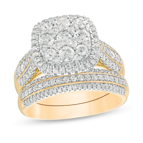 1-1/2 CT. T.w. Composite Diamond Cushion Frame Multi-Row Bridal Set in 10K Gold