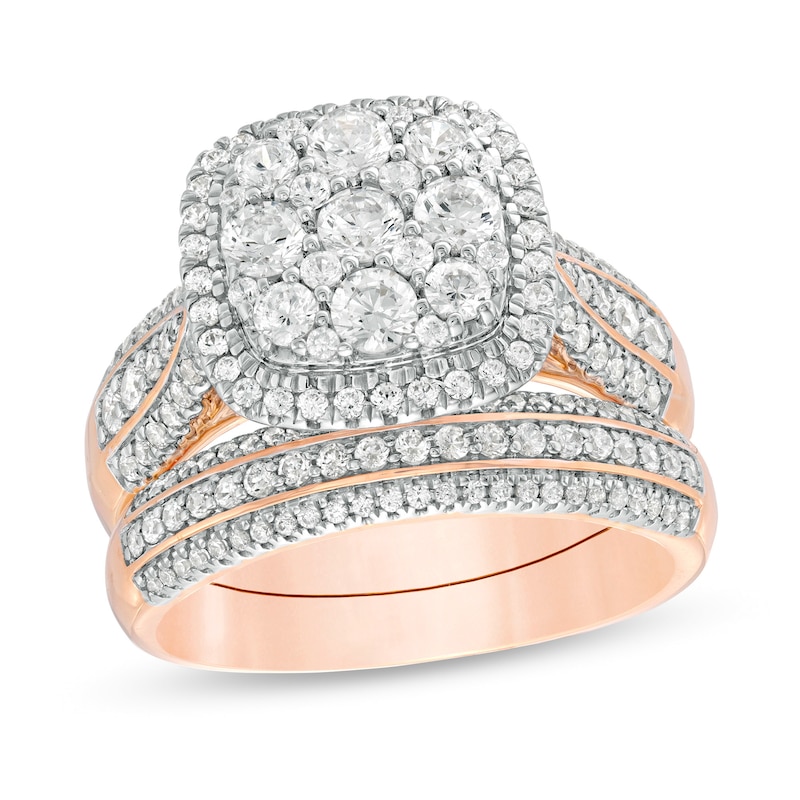 Main Image 1 of 1-1/2 CT. T.W. Composite Diamond Cushion Frame Multi-Row Bridal Set in 10K Rose Gold